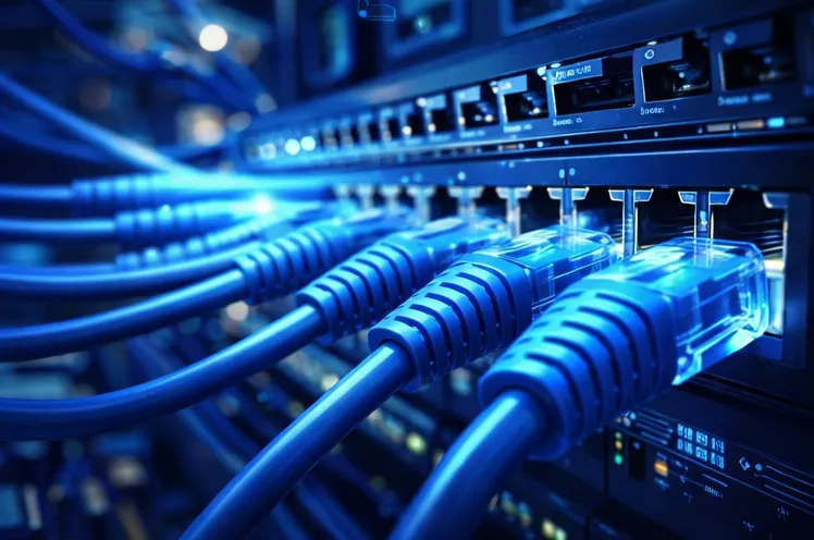 Blue glowing network cables plugged into a switch