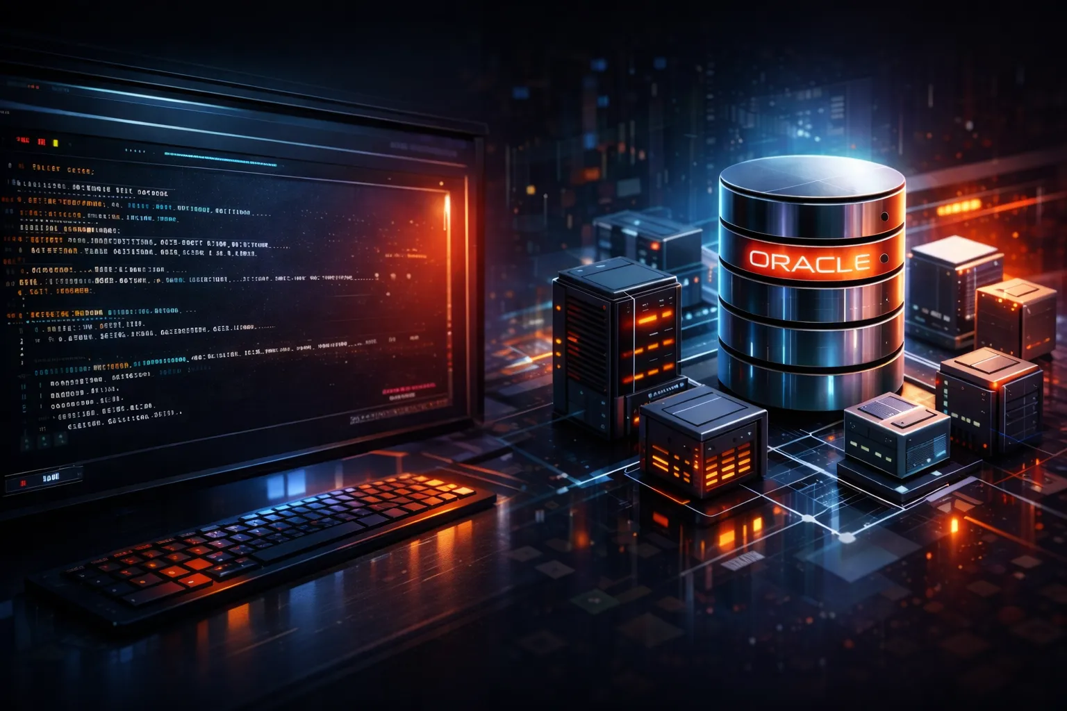 Screen with database code next to a stylised Oracle database