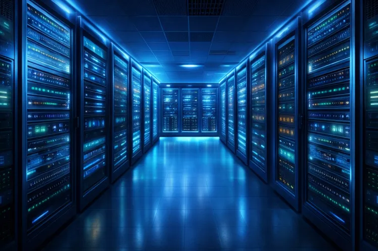 Aisle between illuminated server racks in a data centre